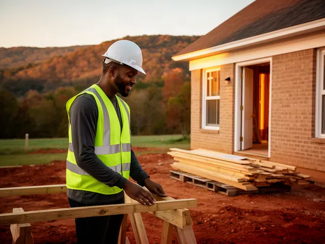 A builder in a hard hat and safety vest on a home construction site.