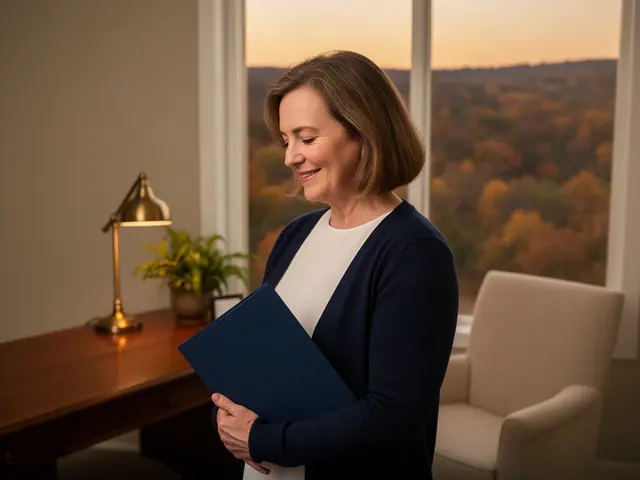 An accountant holding a folder in a bright office.