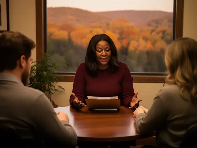 An insurance agent talking with a couple at a round table.