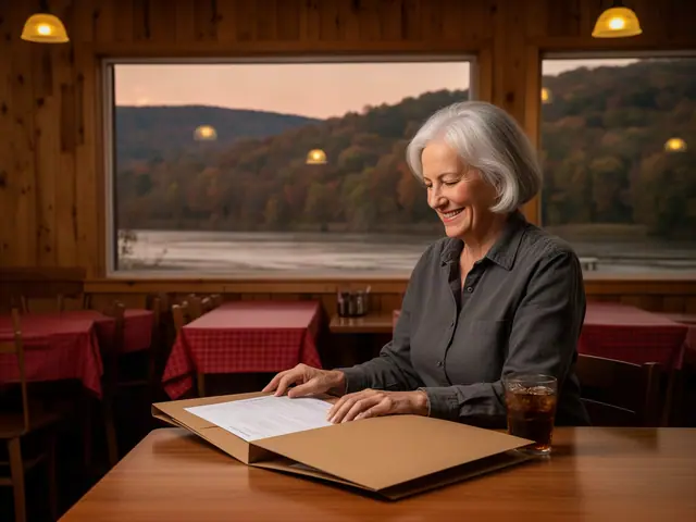 A restaurant owner seated with a folder in an empty dining room before opening.