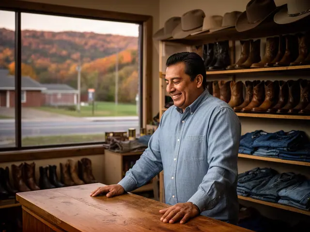 A shop owner behind the counter of a small western-wear and boot shop.