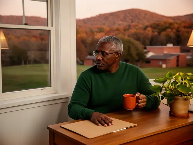 A man with short graying hair and wire-rimmed glasses at a desk with a folder and a mug in a small back office.